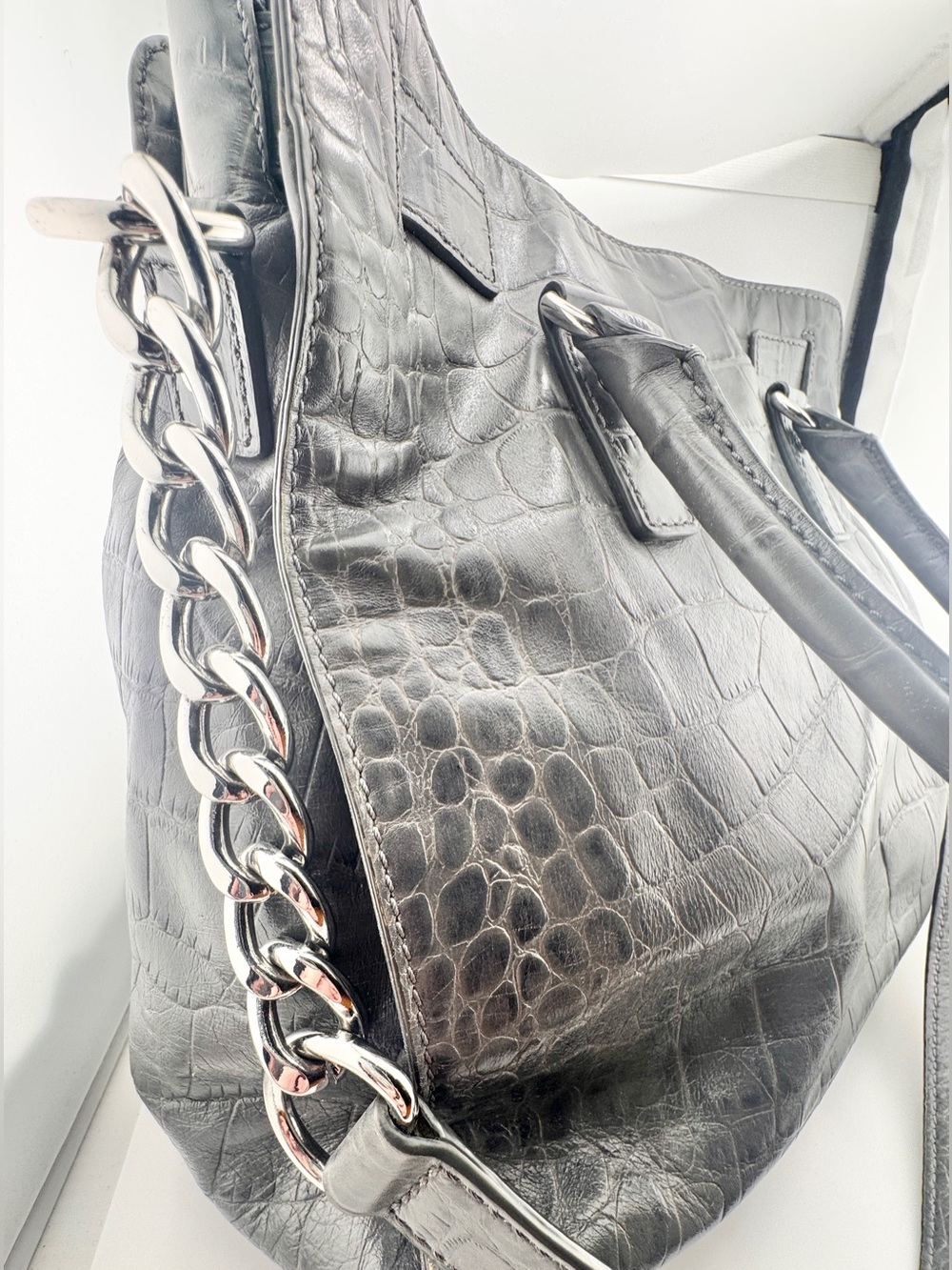 Michael Kors Gray Croc-Embossed Leather Tote with Silver Chain Detail